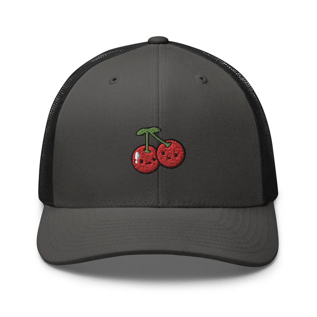 a gray trucker hat with a cherries embroidered on the front