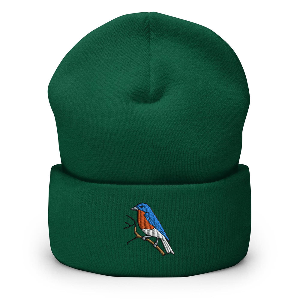 a green beanie with a bird on it