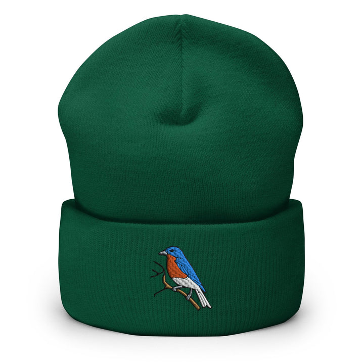 a green beanie with a bird on it