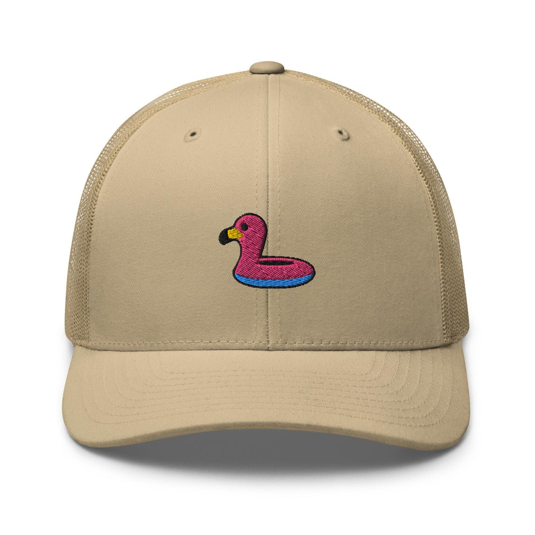 a tan hat with a pink flamingo on it