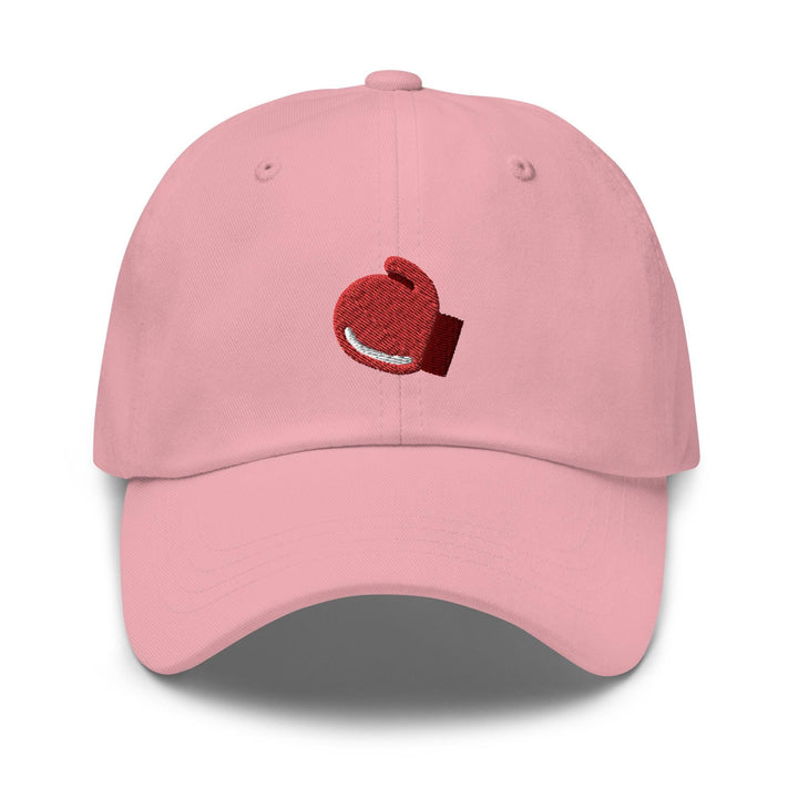 a pink hat with a red heart on it