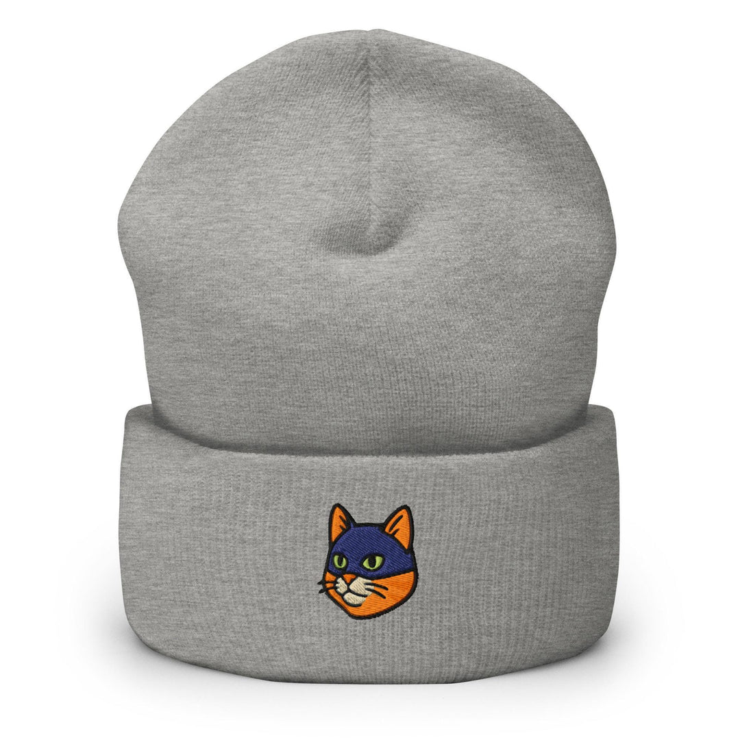 a grey beanie with an orange cat on it