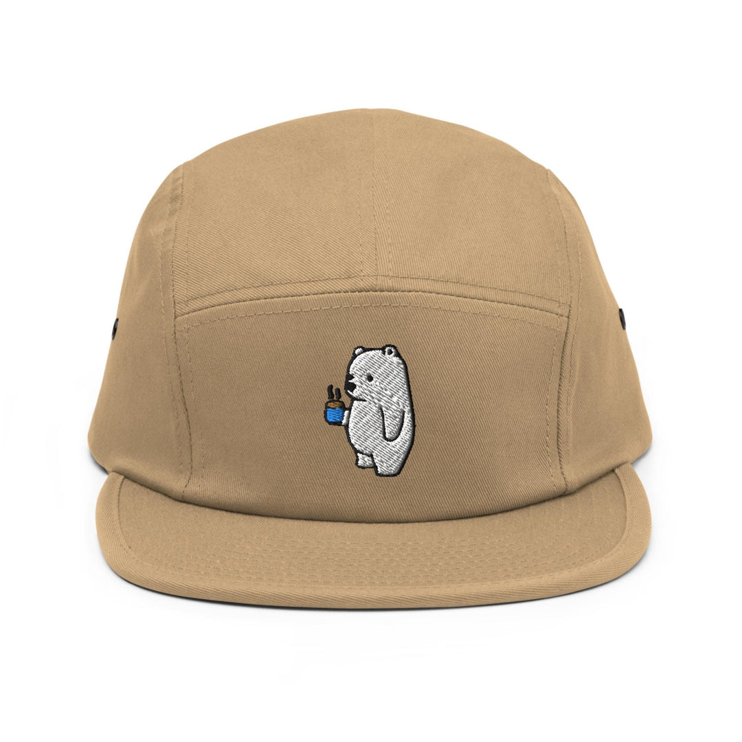 a brown hat with a polar bear embroidered on it