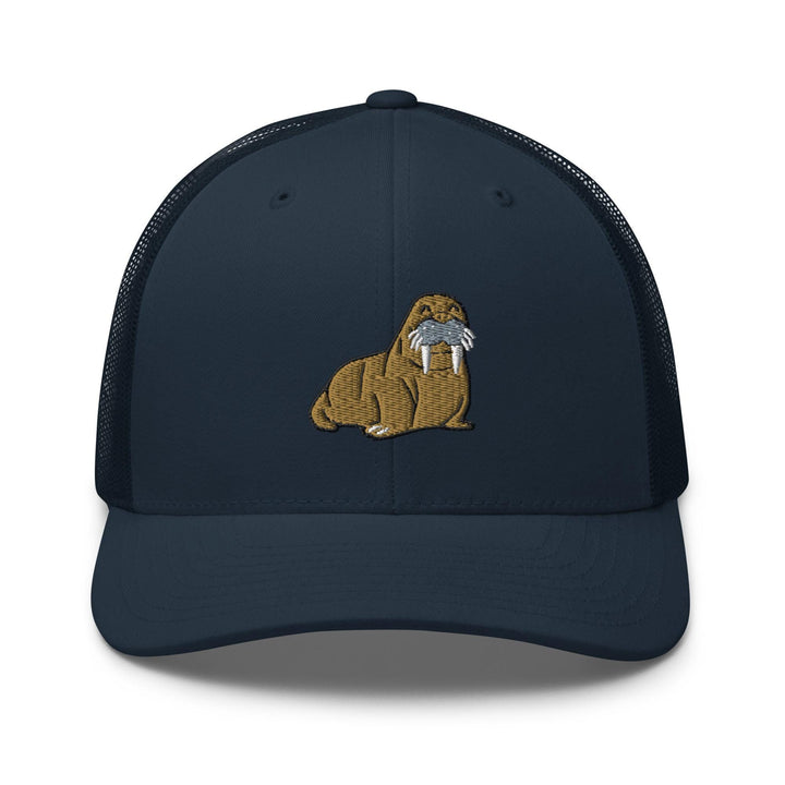 a blue trucker hat with a dog embroidered on the front