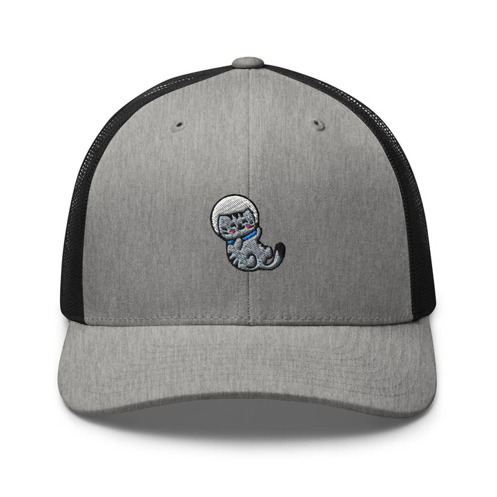 a gray and black trucker hat with a cartoon cat