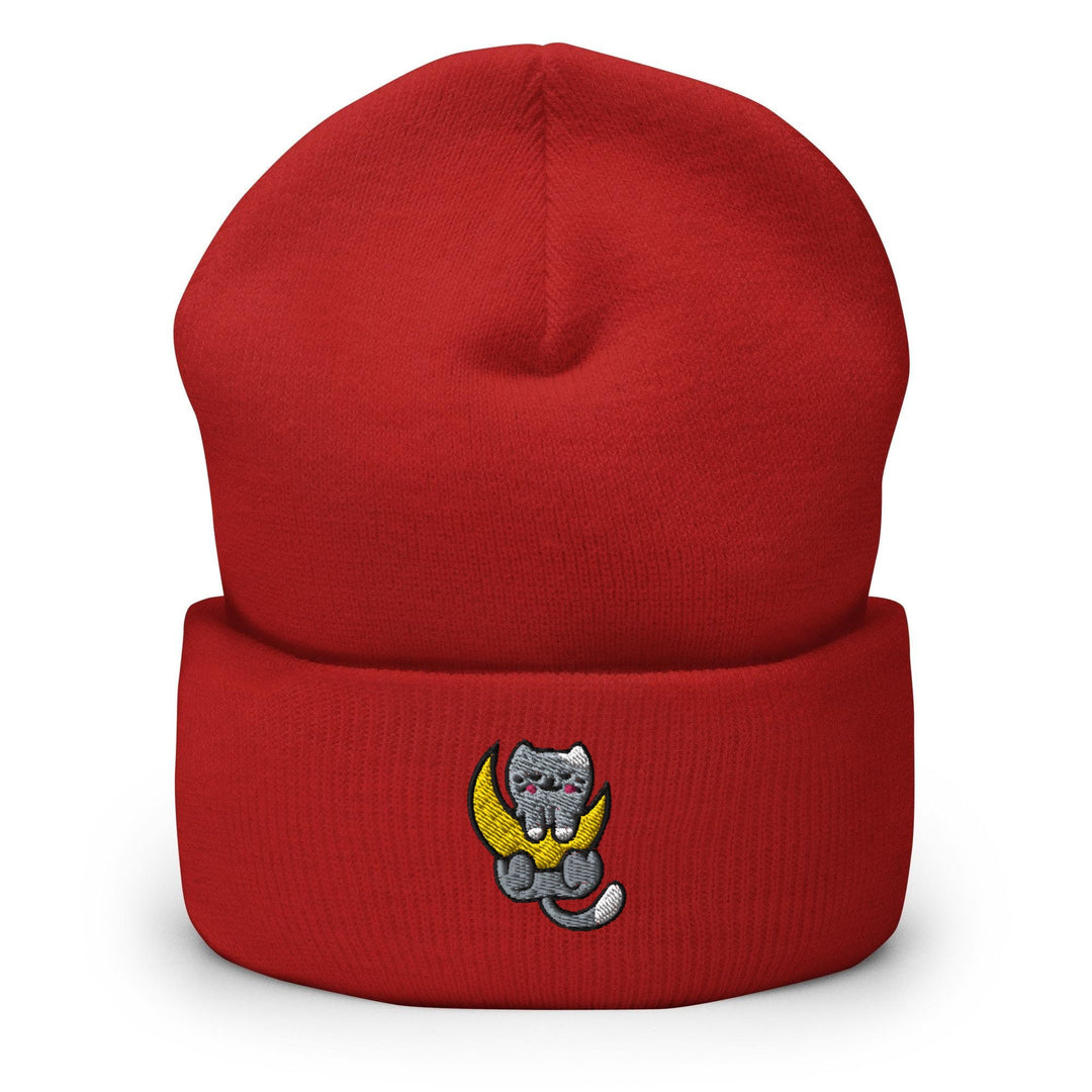a red beanie with a cat on it