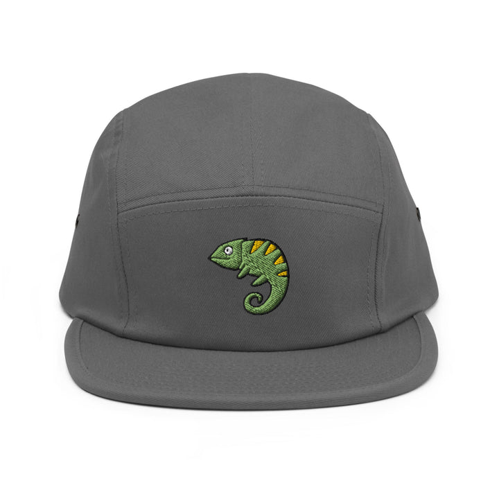 a grey hat with a green chamelon embroidered on it