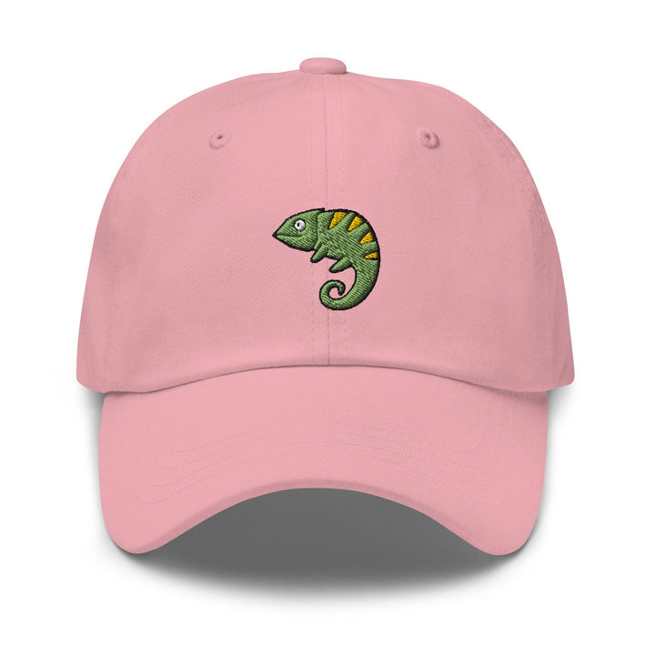 a pink hat with a green chamelon embroidered on it