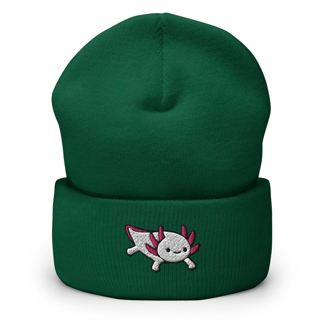 a green beanie with a skull on it