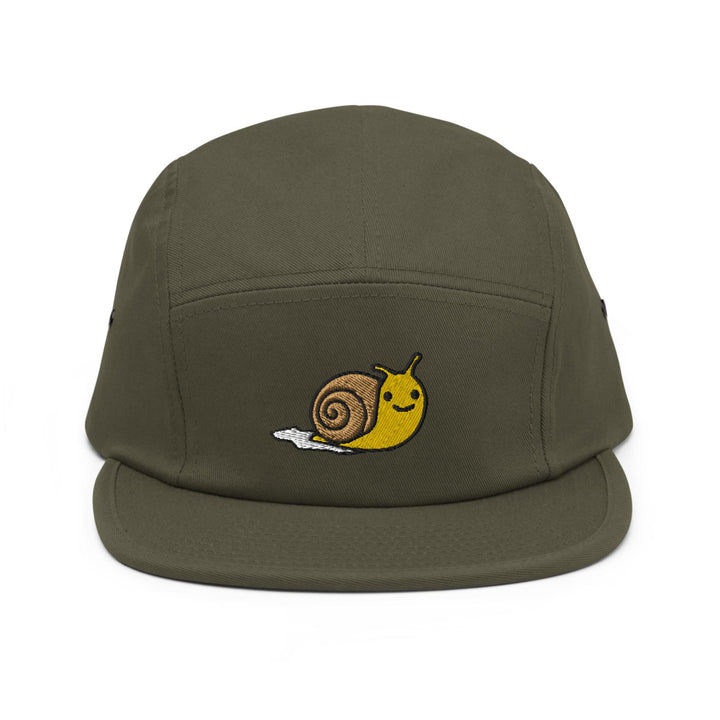 a green hat with a snail embroidered on it