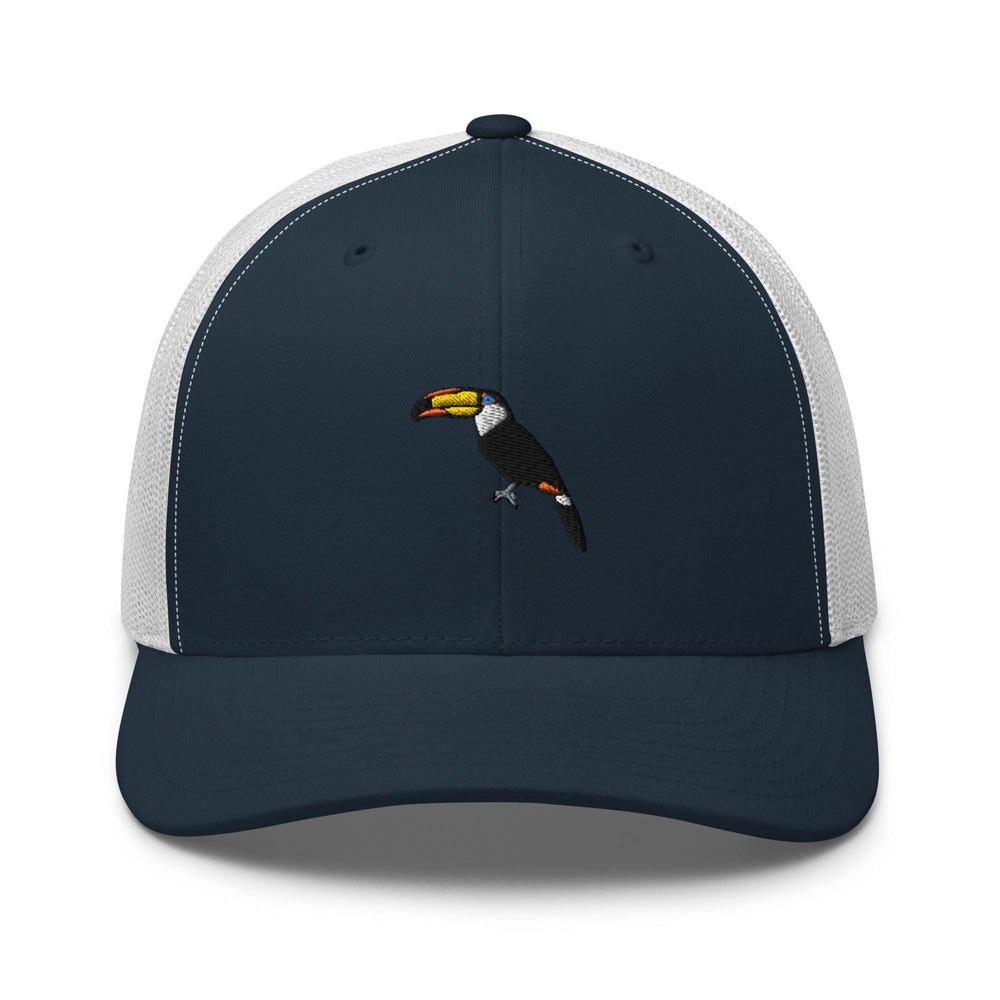 a blue and white trucker hat with a toucan on it