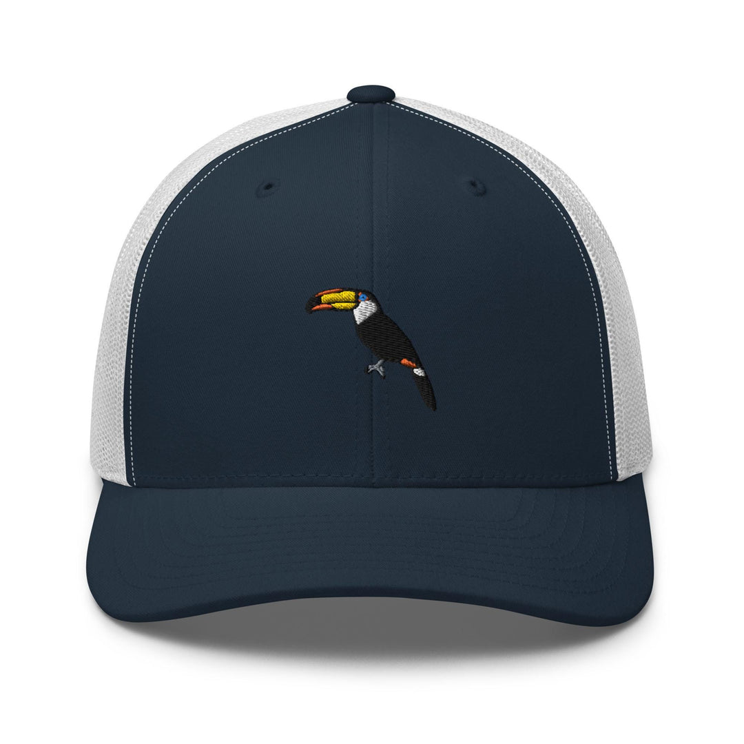 a blue and white trucker hat with a toucan on it