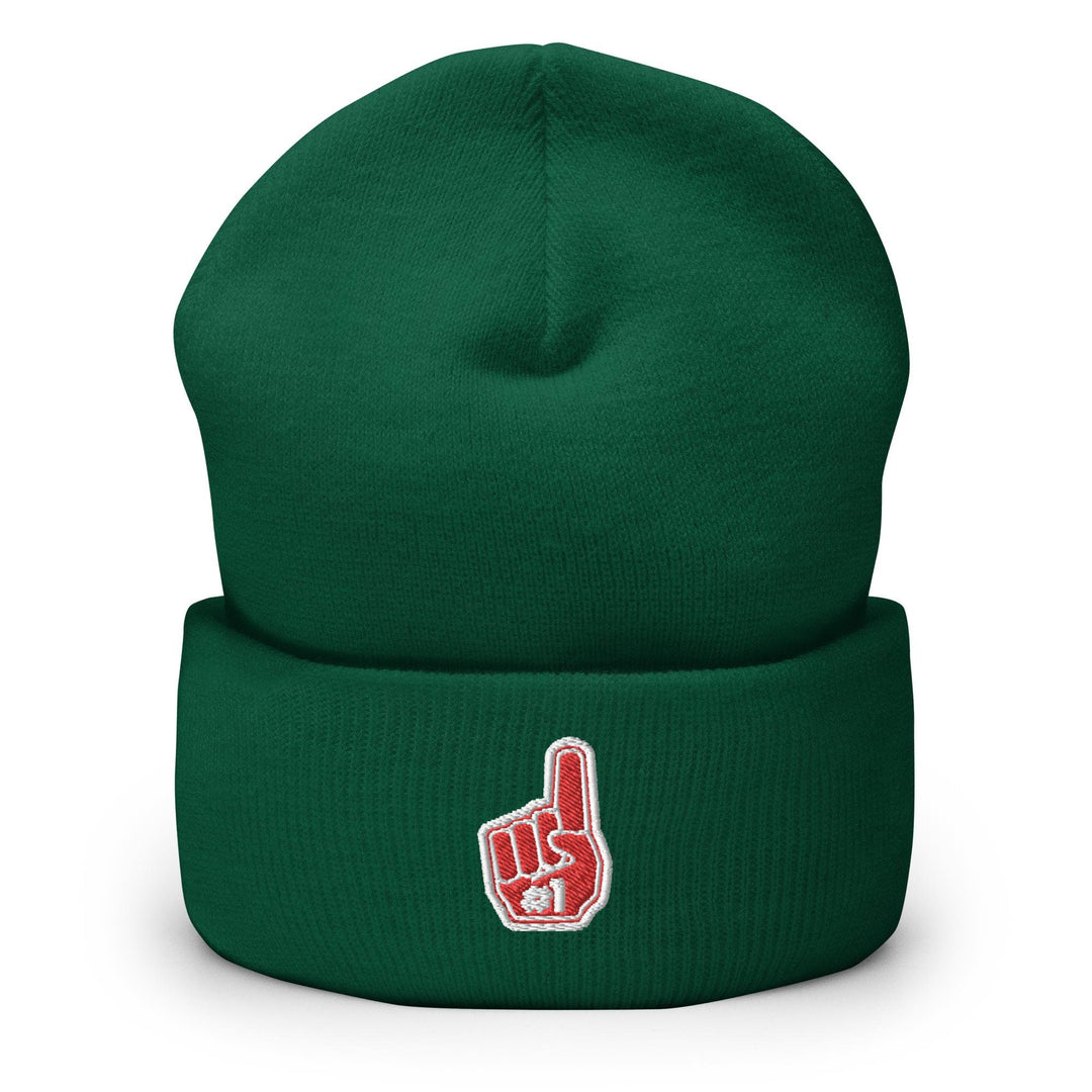 a green beanie with a red and white logo