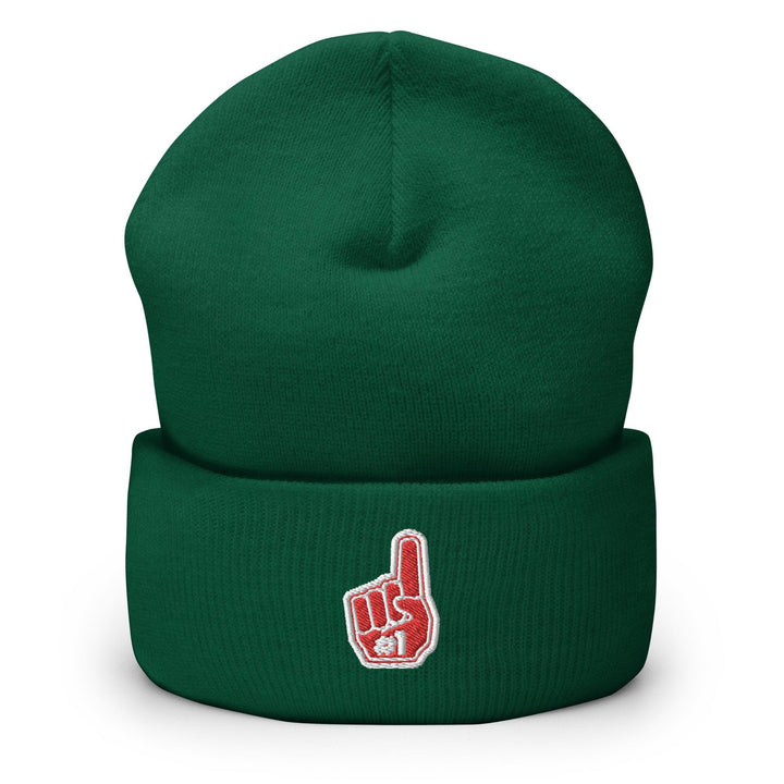 a green beanie with a red and white logo