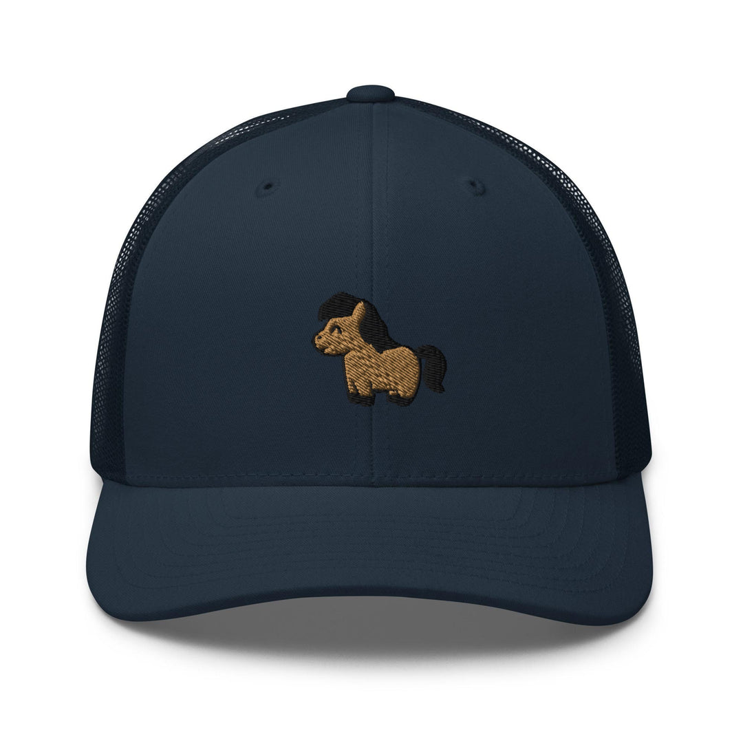 a blue hat with a dog embroidered on the front