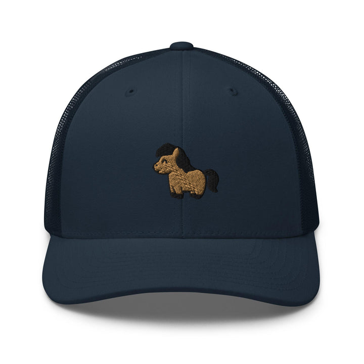 a blue hat with a dog embroidered on the front