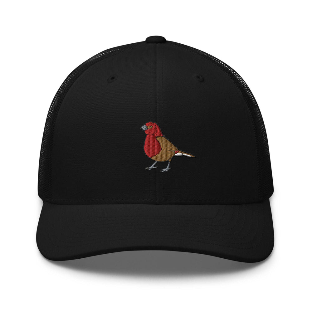 a black trucker hat with a red bird embroidered on the front