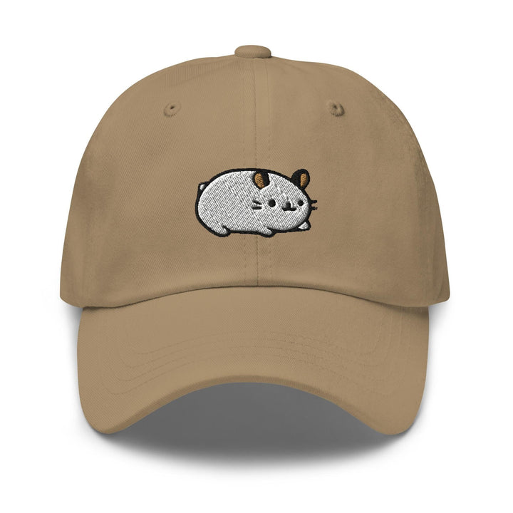 a tan baseball cap with a white panda bear embroidered on the front