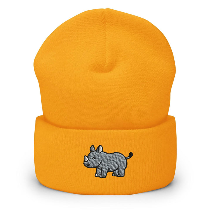 a yellow hat with a rhino embroidered on it
