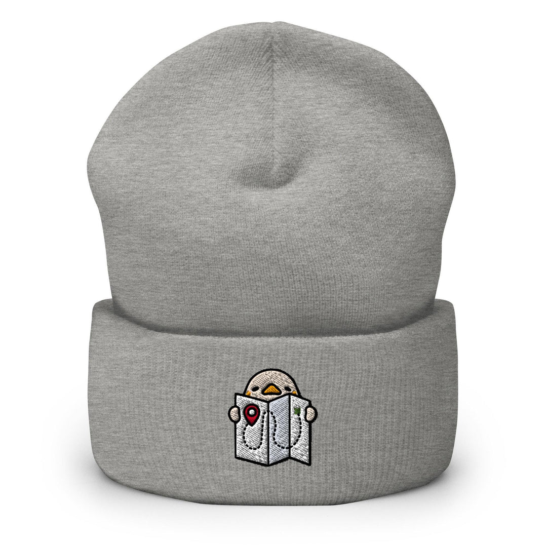 a grey beanie with a picture of a bird on it