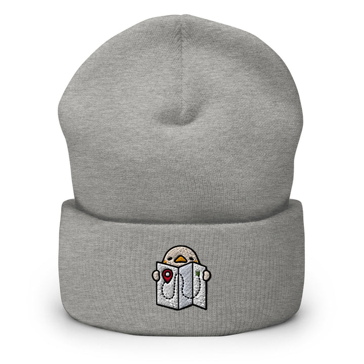 a grey beanie with a picture of a bird on it