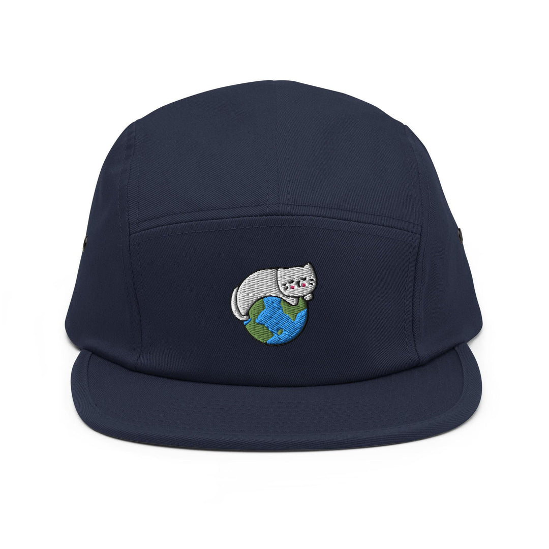 a blue hat with a cat on it