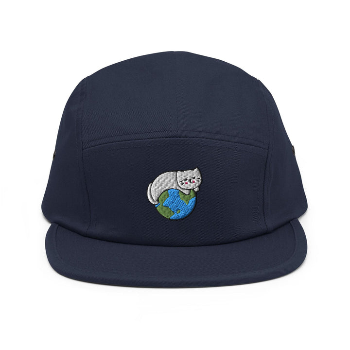 a blue hat with a cat on it