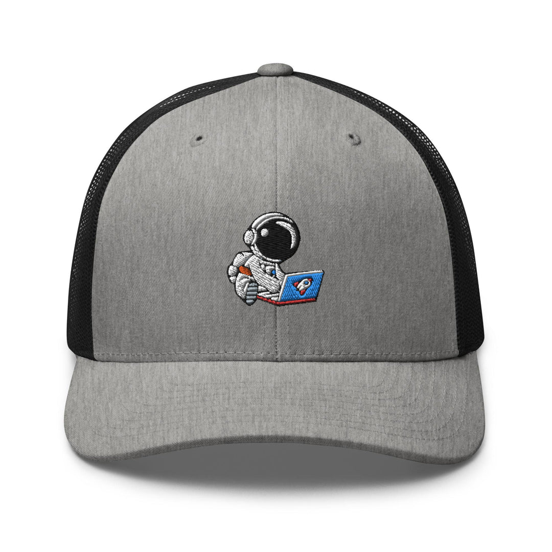 a gray and black hat with an astronaut on it