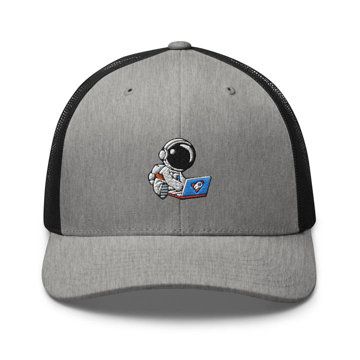 a gray and black hat with an astronaut on it
