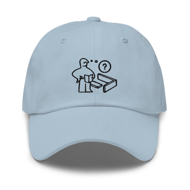 a light blue hat with a drawing of a man holding a box