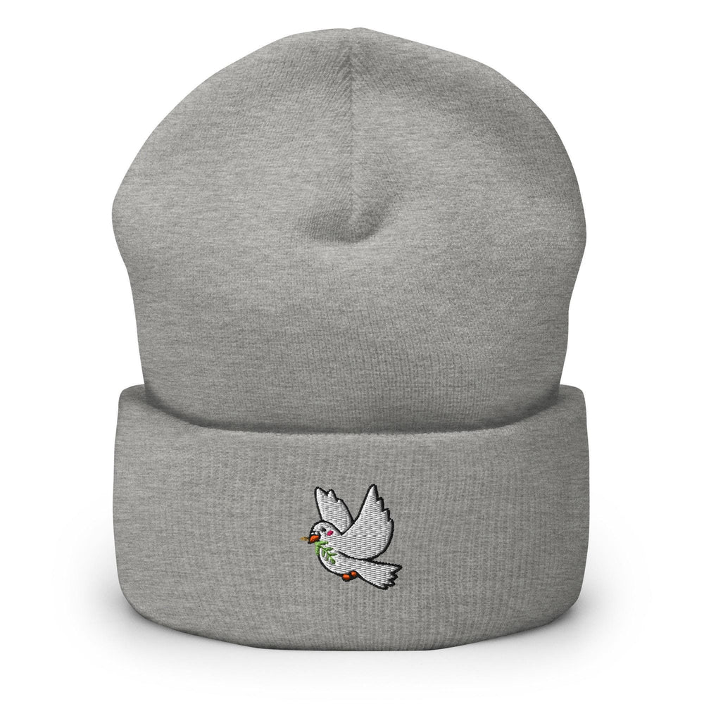 a grey beanie with a bird embroidered on it