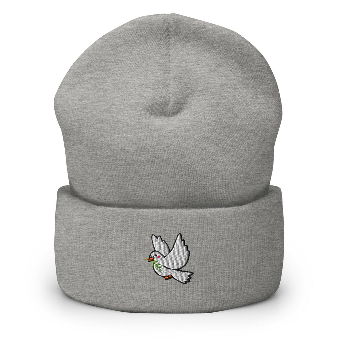 a grey beanie with a bird embroidered on it