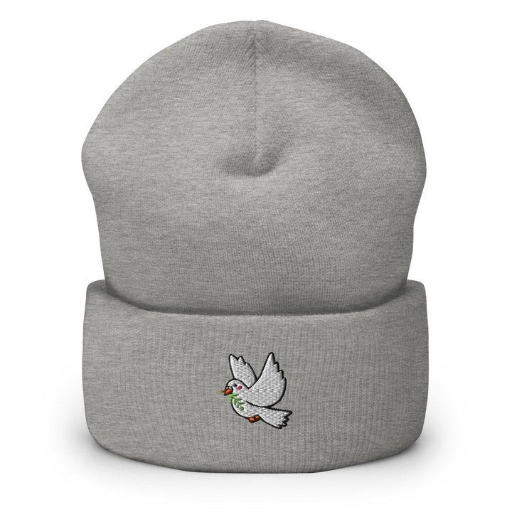 a grey beanie with a bird embroidered on it
