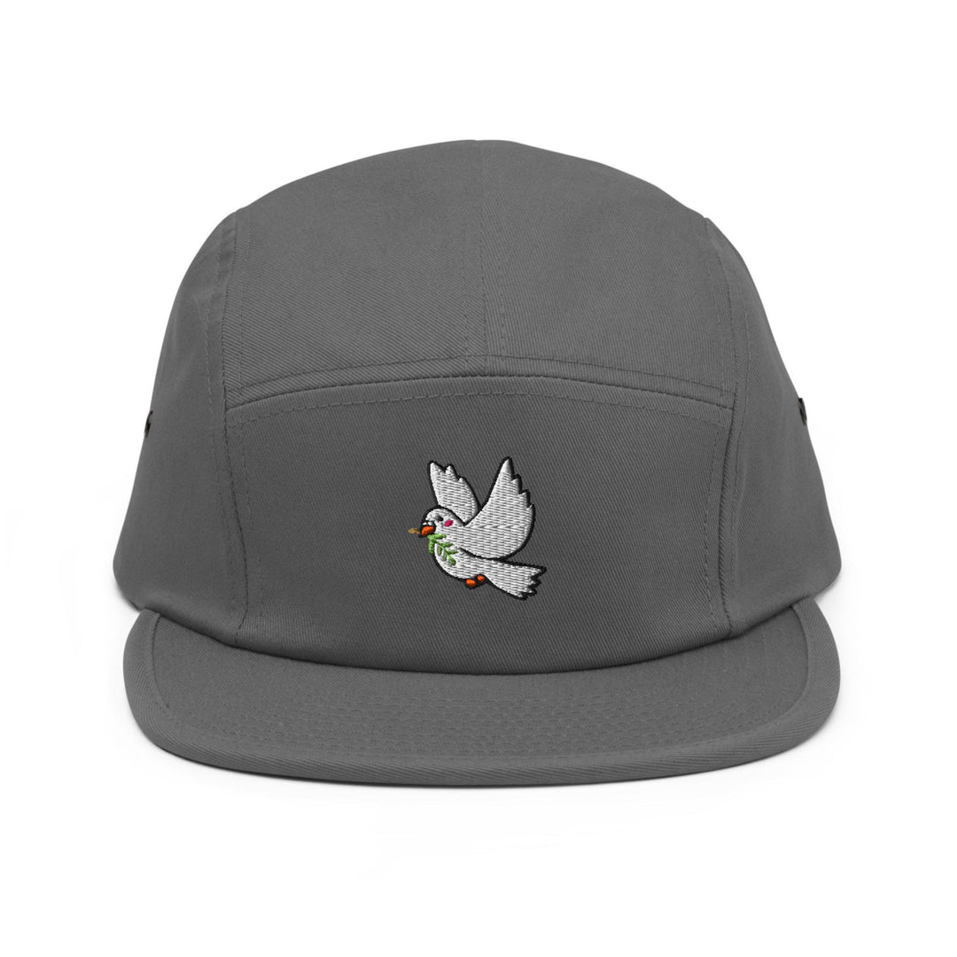 a gray hat with a bird embroidered on it