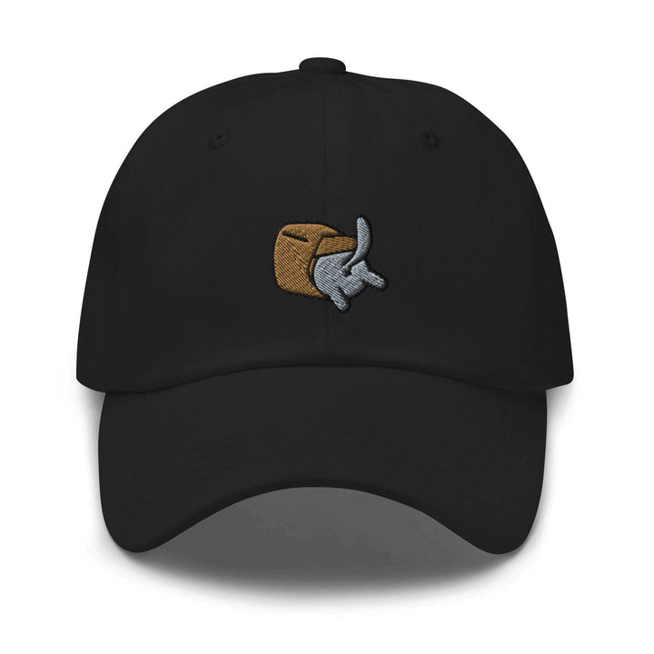 a black baseball cap with a dog paw on it
