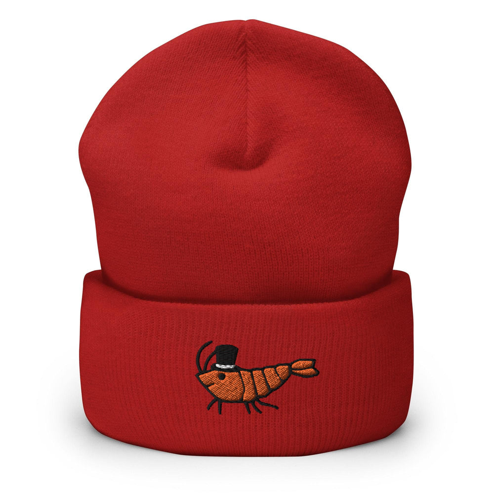 a red beanie hat with a picture of a bug on it