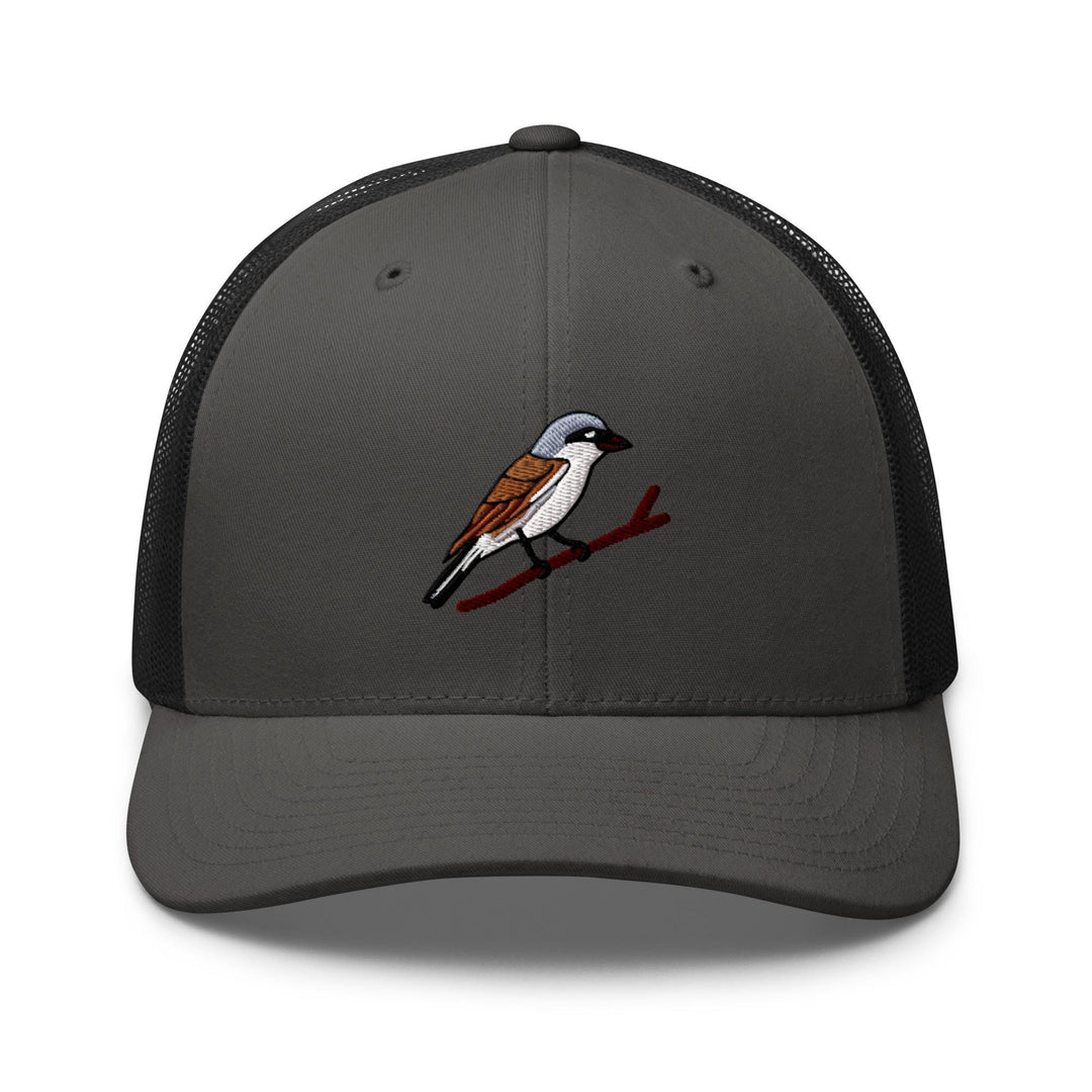 a gray and black hat with a bird on it