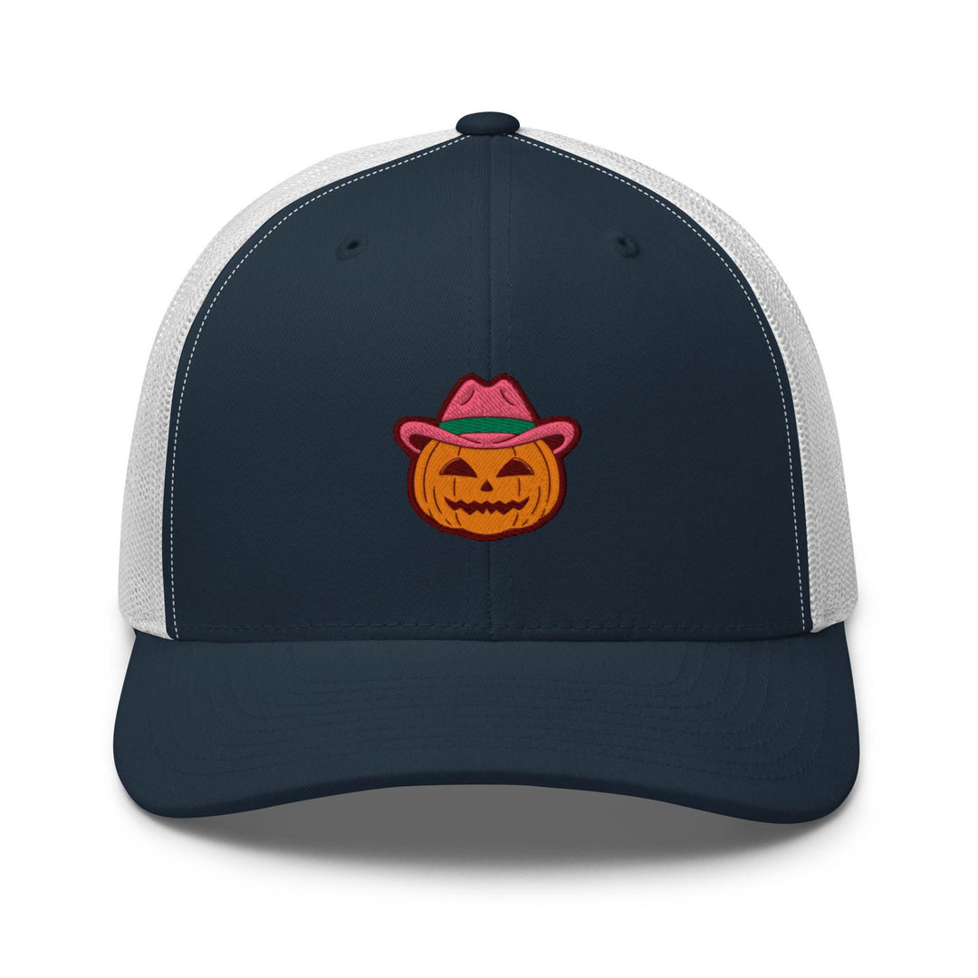 a trucker hat with a pumpkin wearing a hat