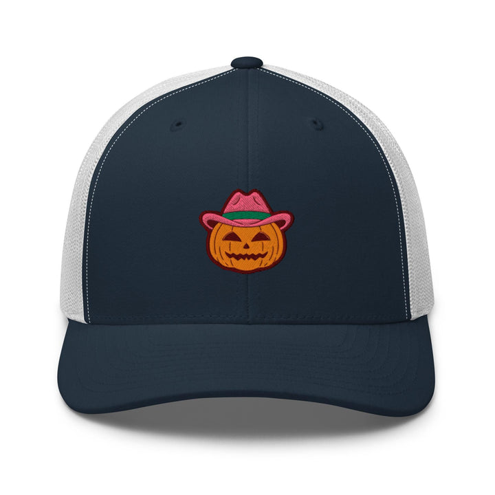 a trucker hat with a pumpkin wearing a hat