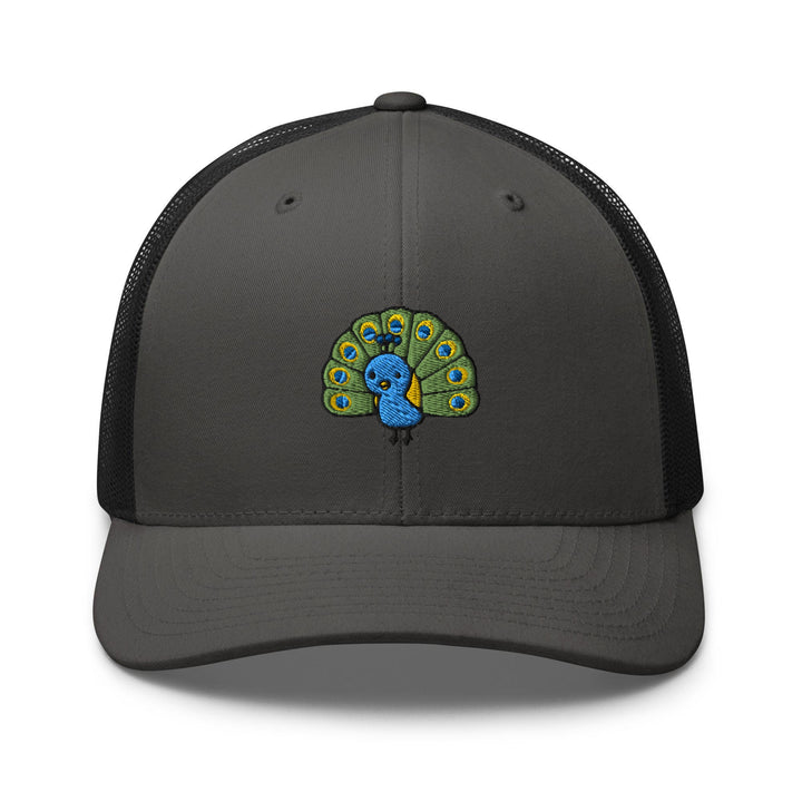 a gray trucker hat with a blue and green peacock on it