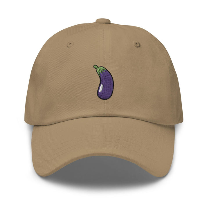 a tan hat with a purple eggplant embroidered on it
