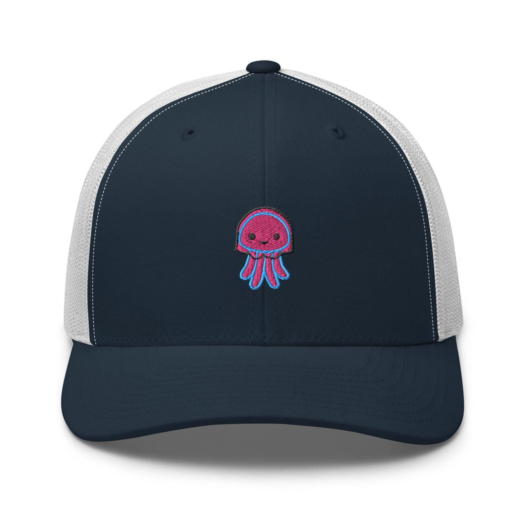 a blue and white trucker hat with an octopus embroidered on the front