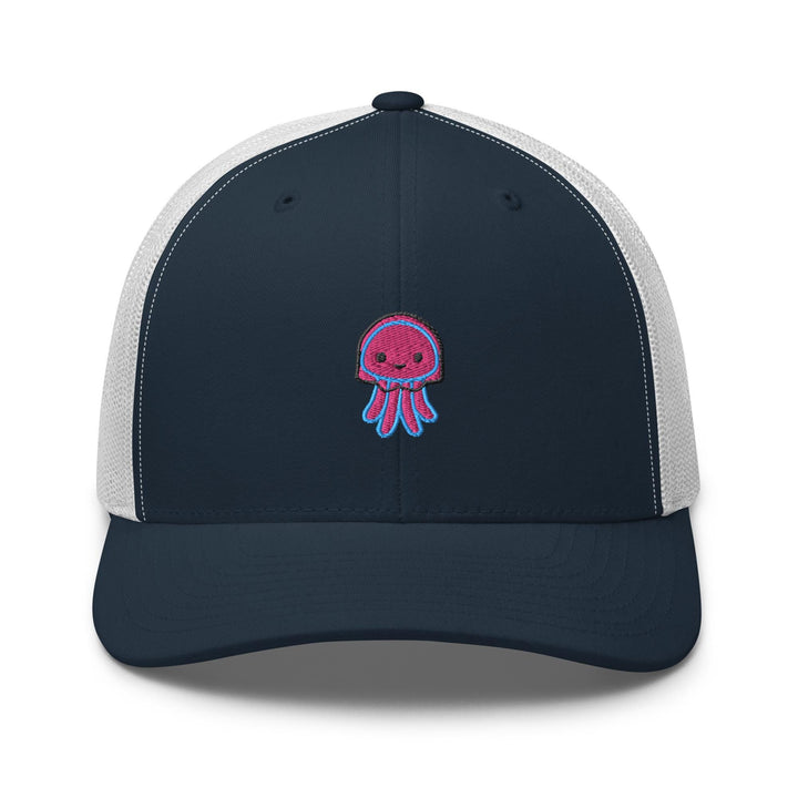 a blue and white trucker hat with an octopus embroidered on the front