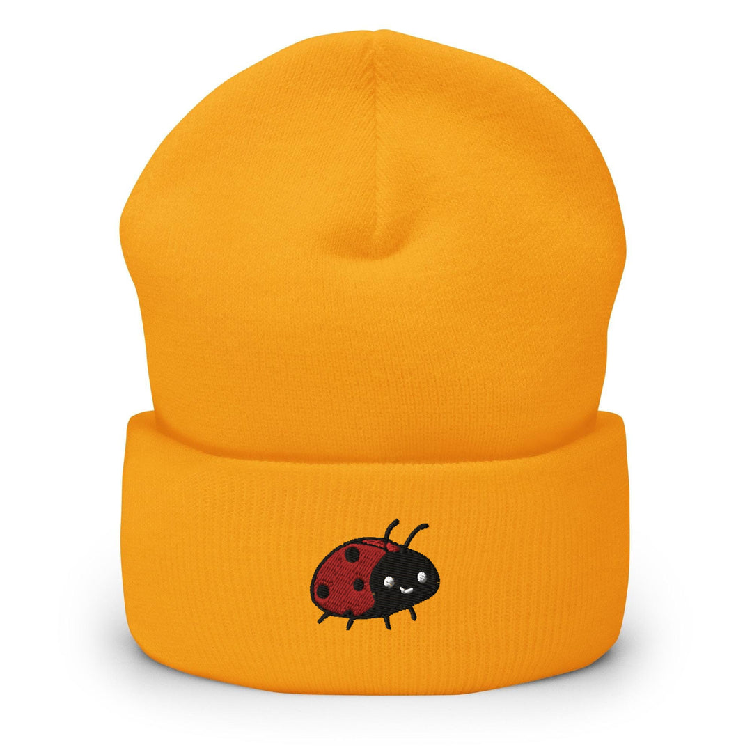 a yellow beanie with a ladybug on it