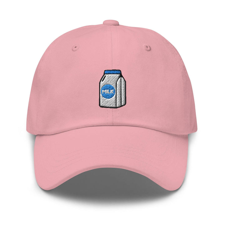 a pink hat with a blue can of milk on it