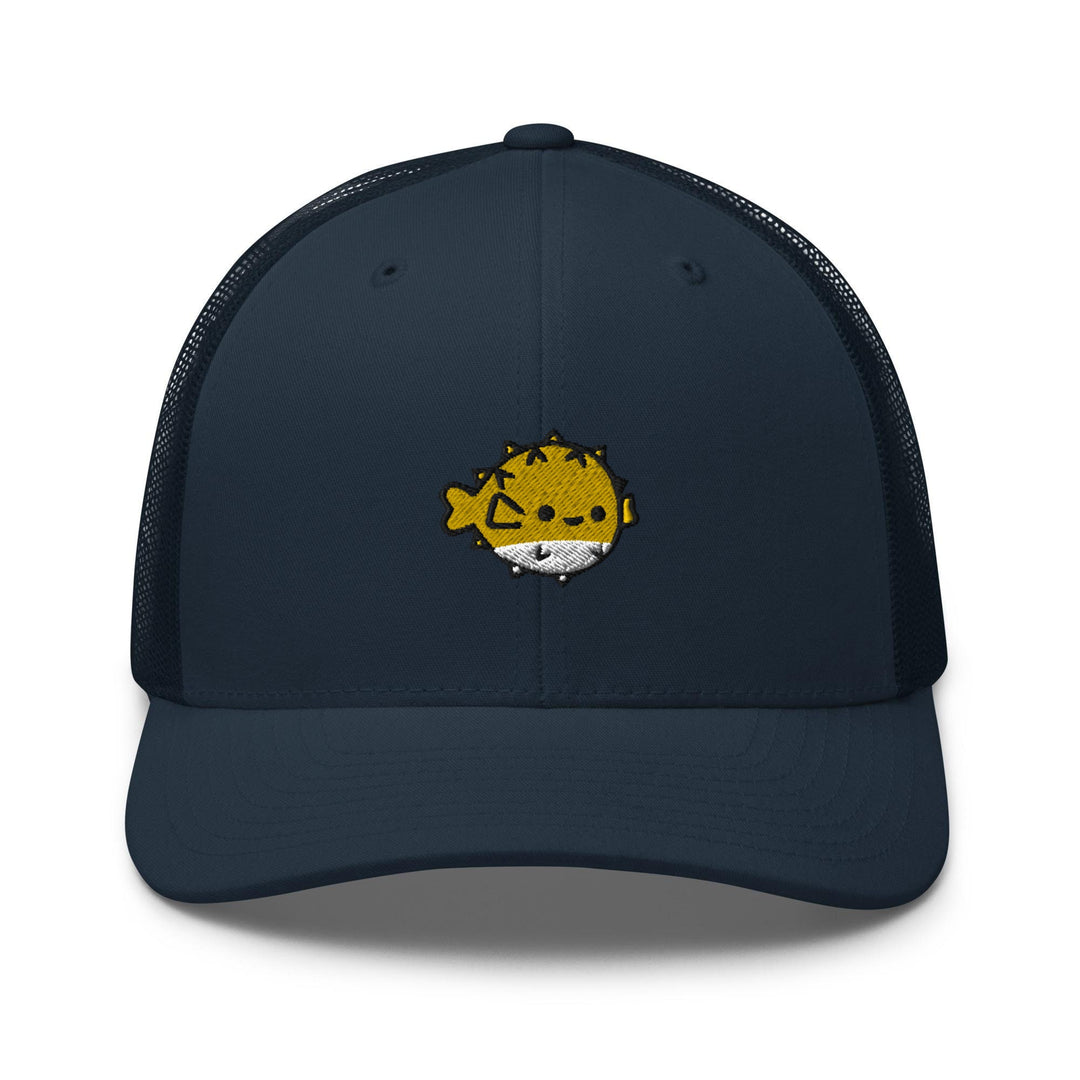 a blue trucker hat with a picture of a cat on it