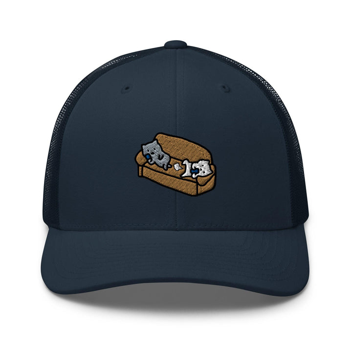 a blue trucker hat with an image of two cats on a couch