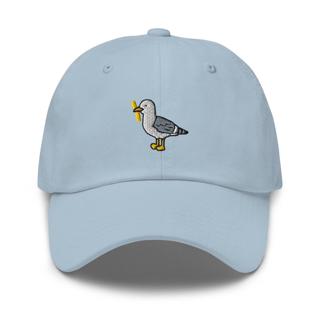 a light blue hat with a seagull embroidered on it