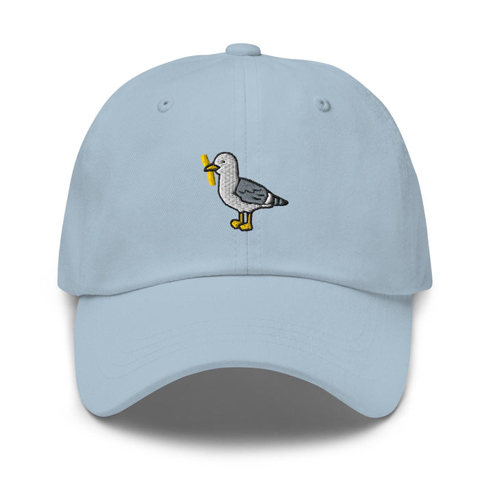 a light blue hat with a seagull embroidered on it