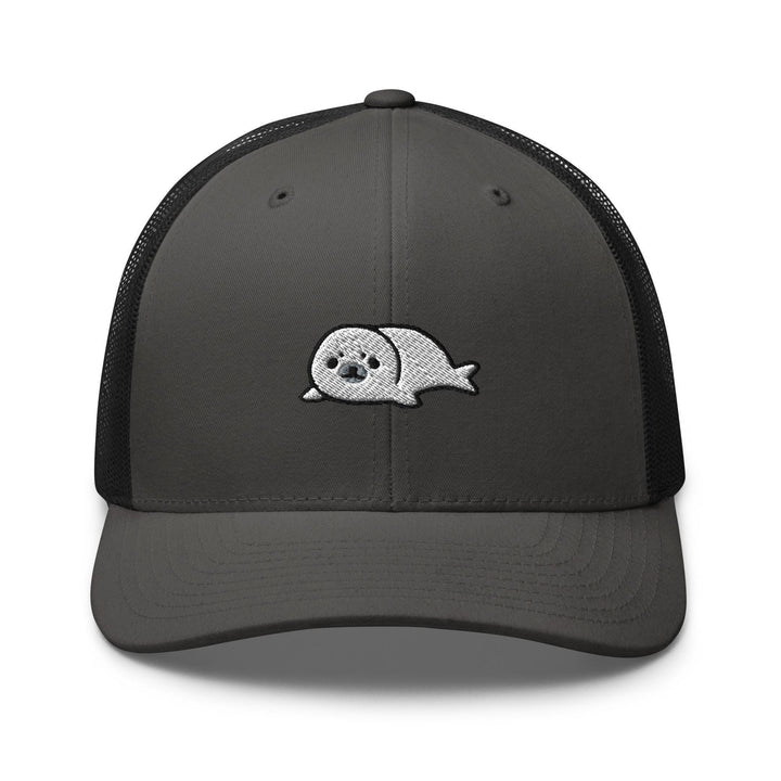 a gray and black trucker hat with a skull on it